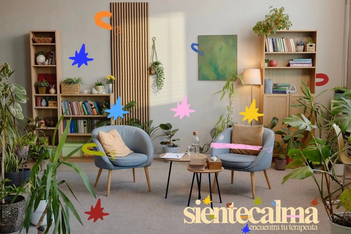 Sala luminosa con dos sillones grises, plantas, estanterías de madera y decoración de estrellas de colores con el logotipo de sientecalma